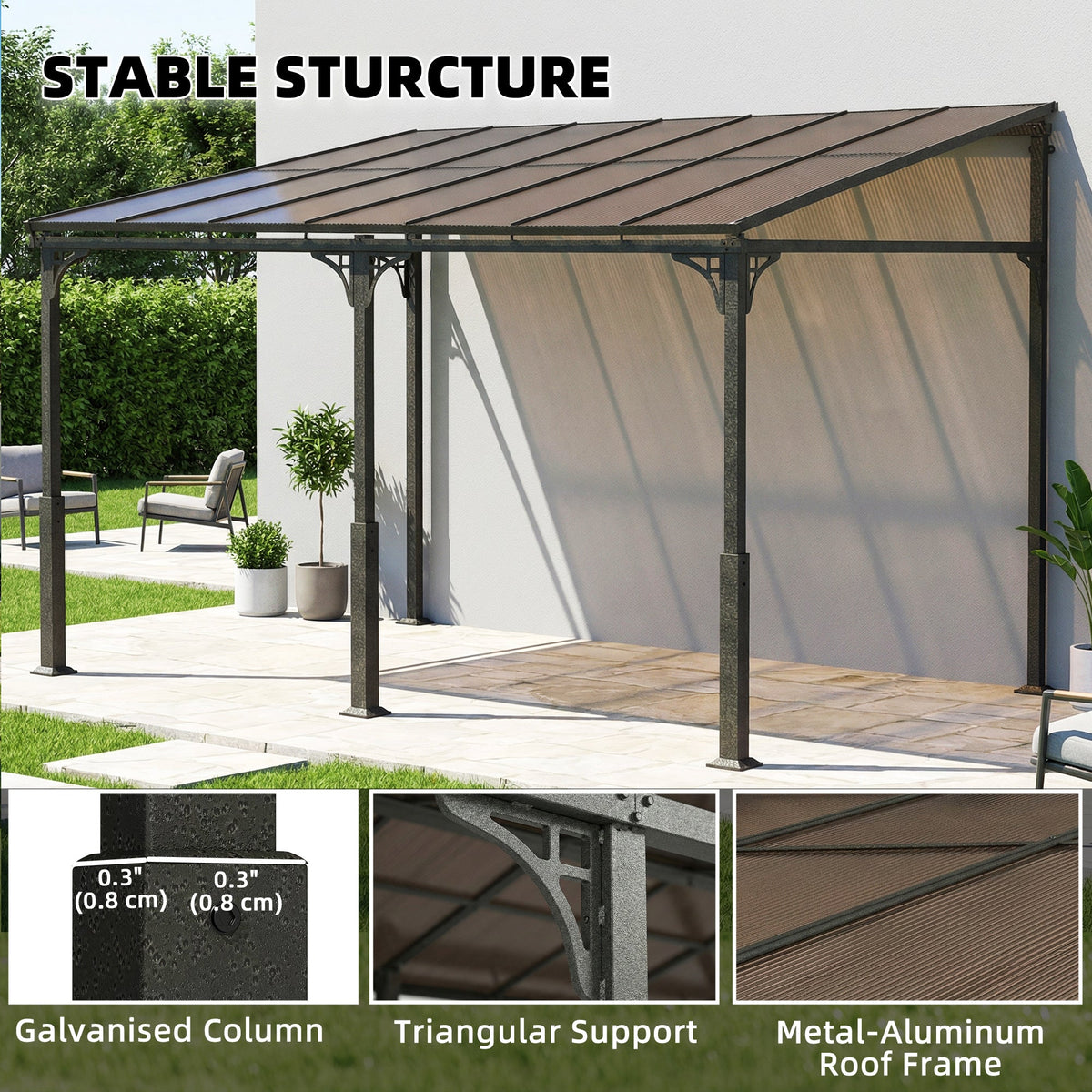 13' x 10' Lean-to Gazebo with Polycarbonate Roof, Brown