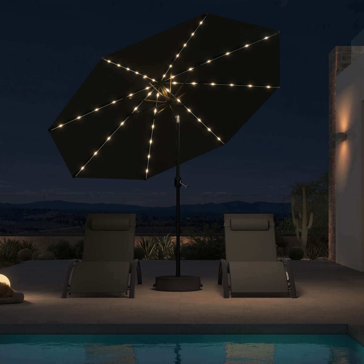 PURPLE LEAF Black Frame Tilting Market Umbrella with Lights Table Umbrella with Base Outside Patio