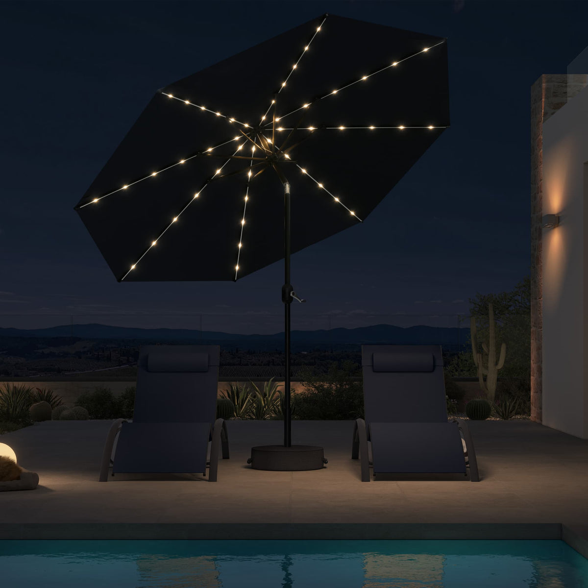 PURPLE LEAF Black Frame Tilting Market Umbrella with Lights Table Umbrella with Base Outside Patio