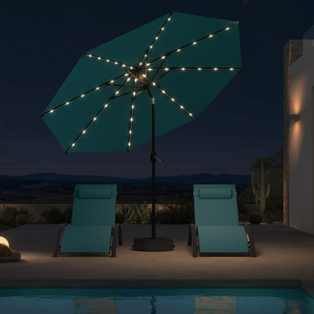 PURPLE LEAF Black Frame Tilting Market Umbrella with Lights Table Umbrella with Base Outside Patio