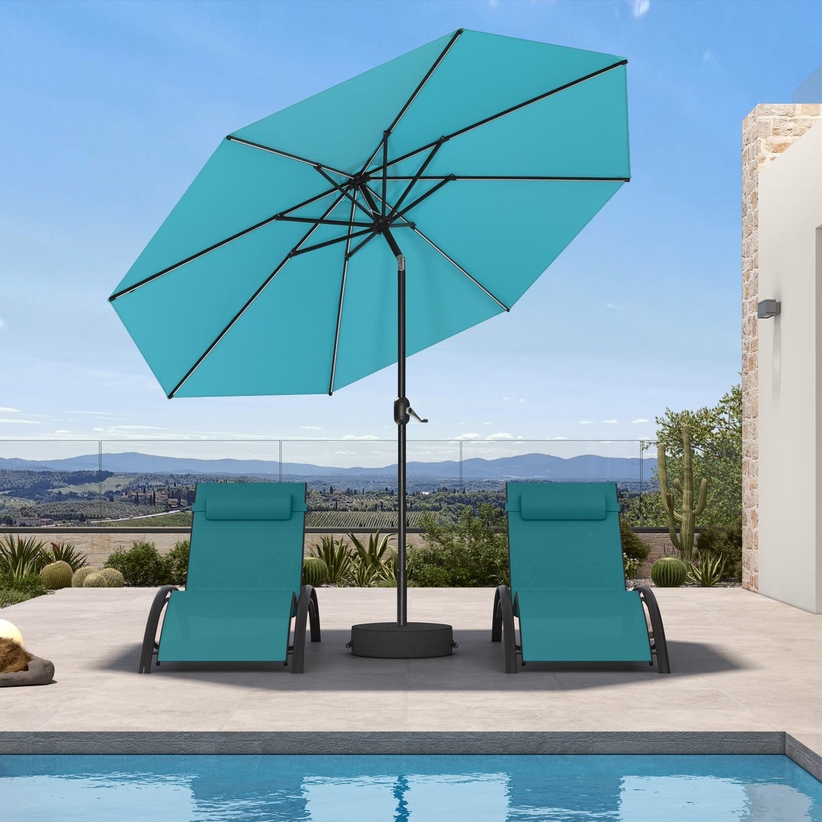 PURPLE LEAF Black Frame Tilting Market Umbrella with Lights Table Umbrella with Base Outside Patio