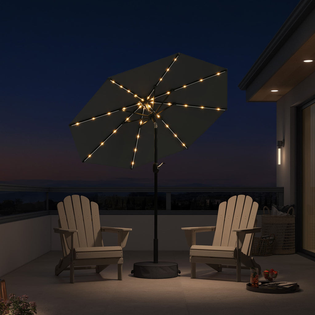 PURPLE LEAF Black Frame Tilting Market Umbrella with Lights Table Umbrella with Base Outside Patio