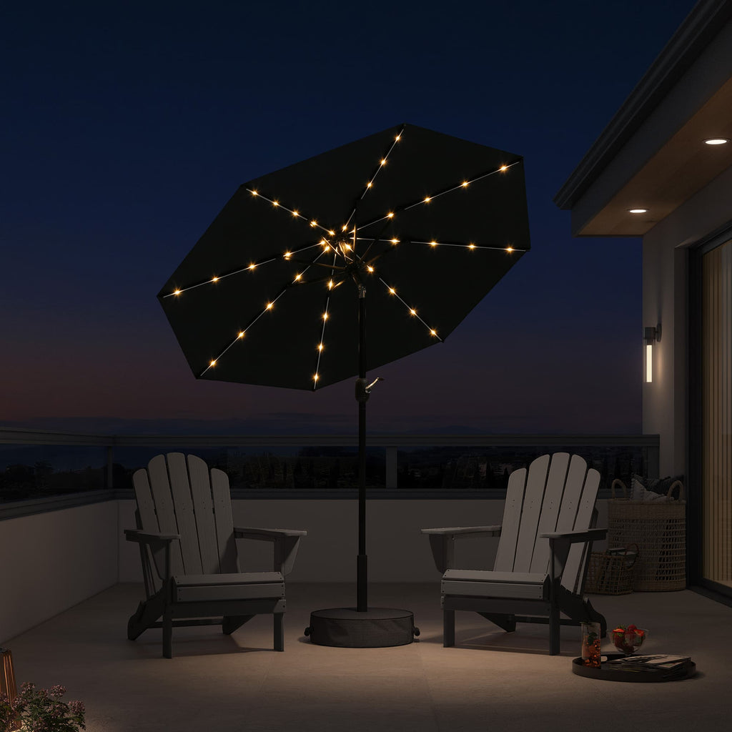PURPLE LEAF Black Frame Tilting Market Umbrella with Lights Table Umbrella with Base Outside Patio
