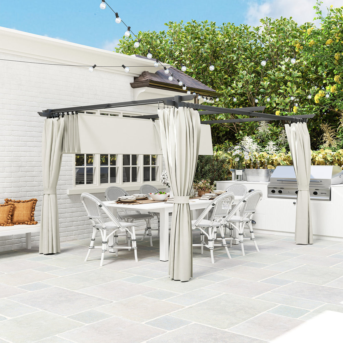 10' x 13' Retractable Pergola Canopy with Curtains, Cream White