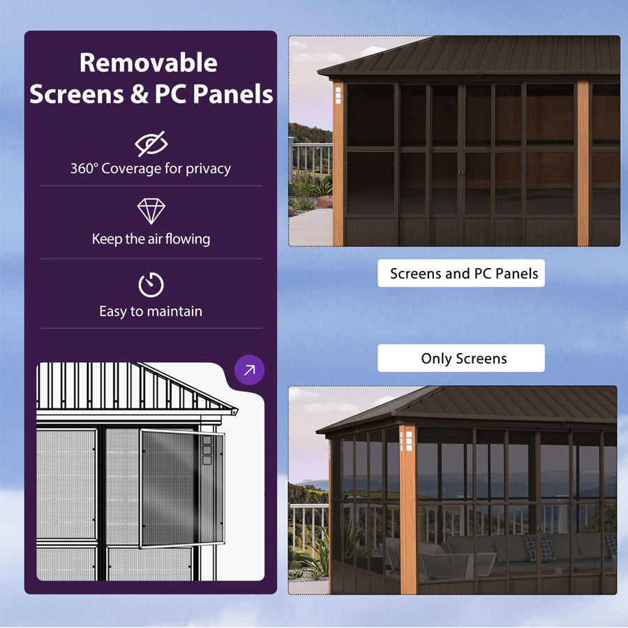 PURPLE LEAF Bronze Frame Sunroom Hardtop Gazebo Solarium Wood Grain Columns Galvanized Steel Double Roof All-Weather Screen House with Lights