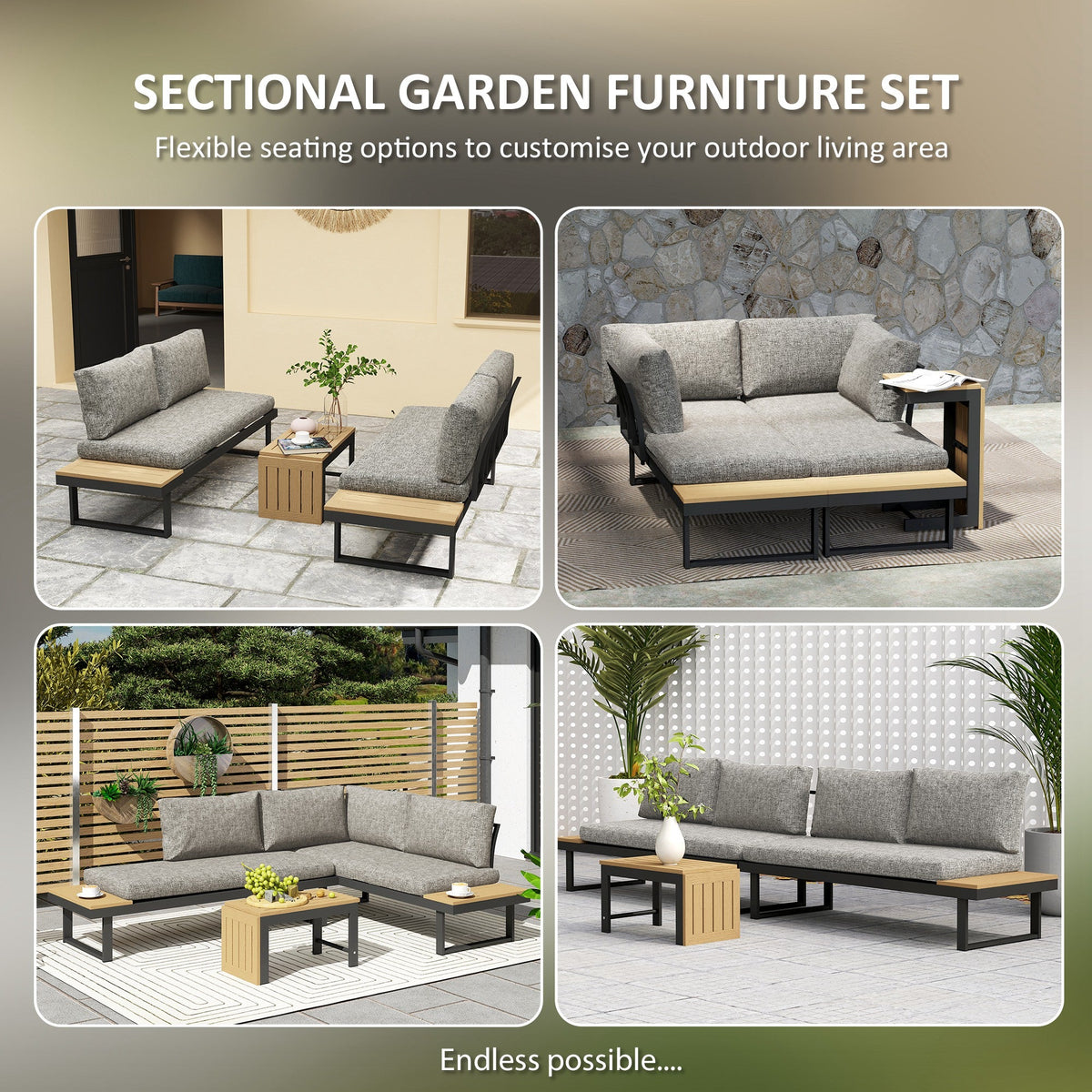 3pc Sectional Patio Set with 2 Loveseats and WPC Table, Light Grey