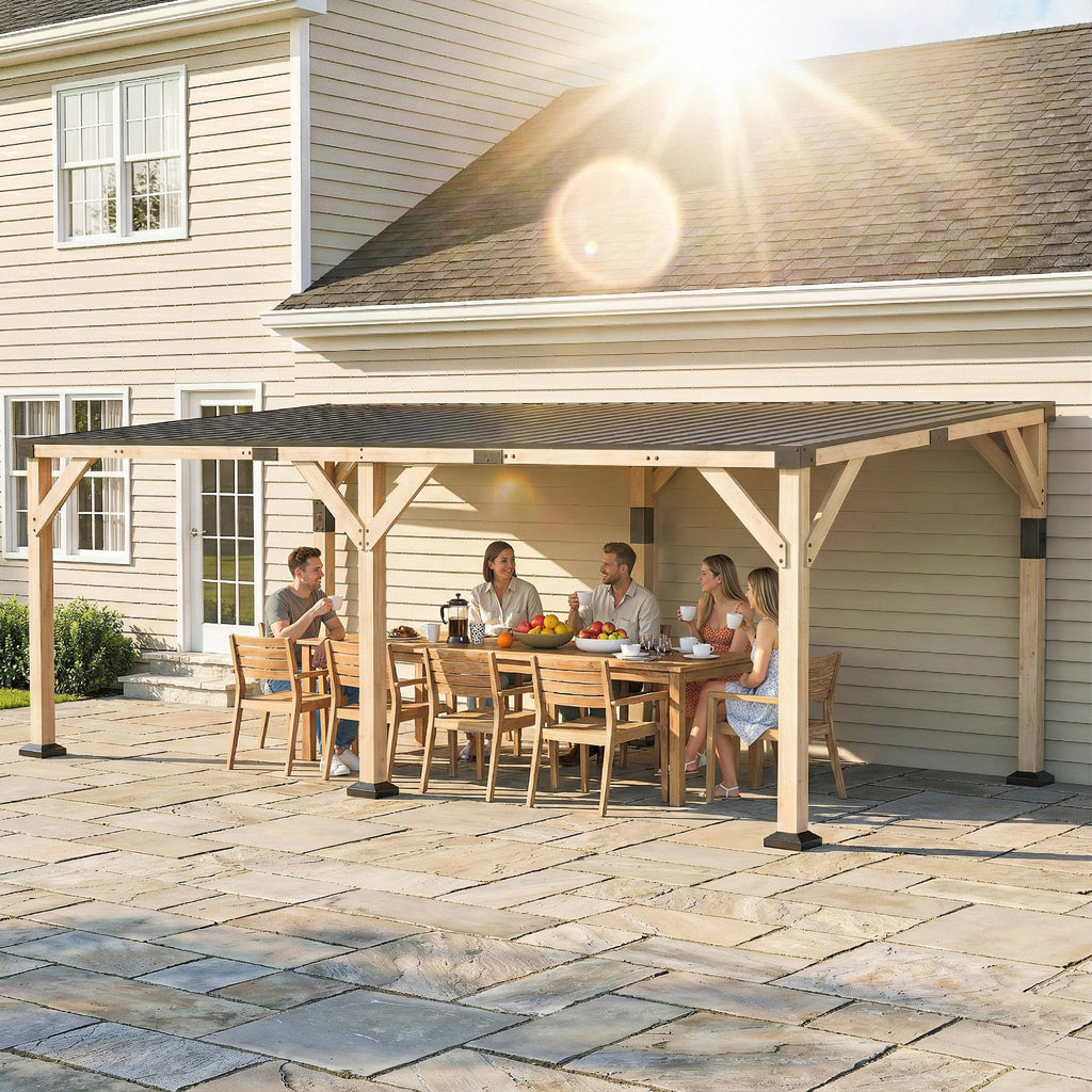 PerArbor 10' x 20' Wooden Lean-to Gazebo with Galvanized Steel Sloped Roof, Light Walnut
