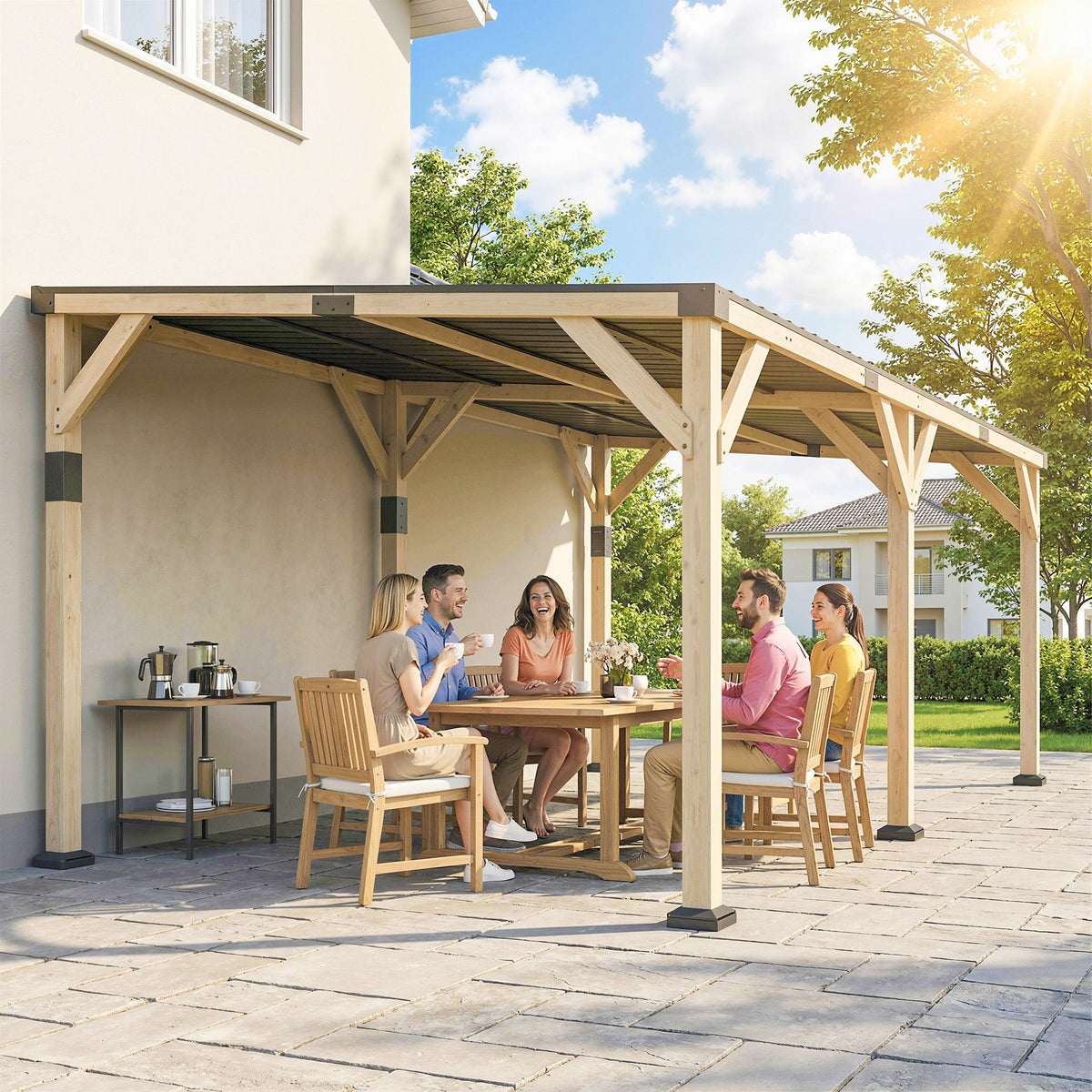 PerArbor 10' x 20' Wooden Lean-to Gazebo with Galvanized Steel Sloped Roof, Light Walnut
