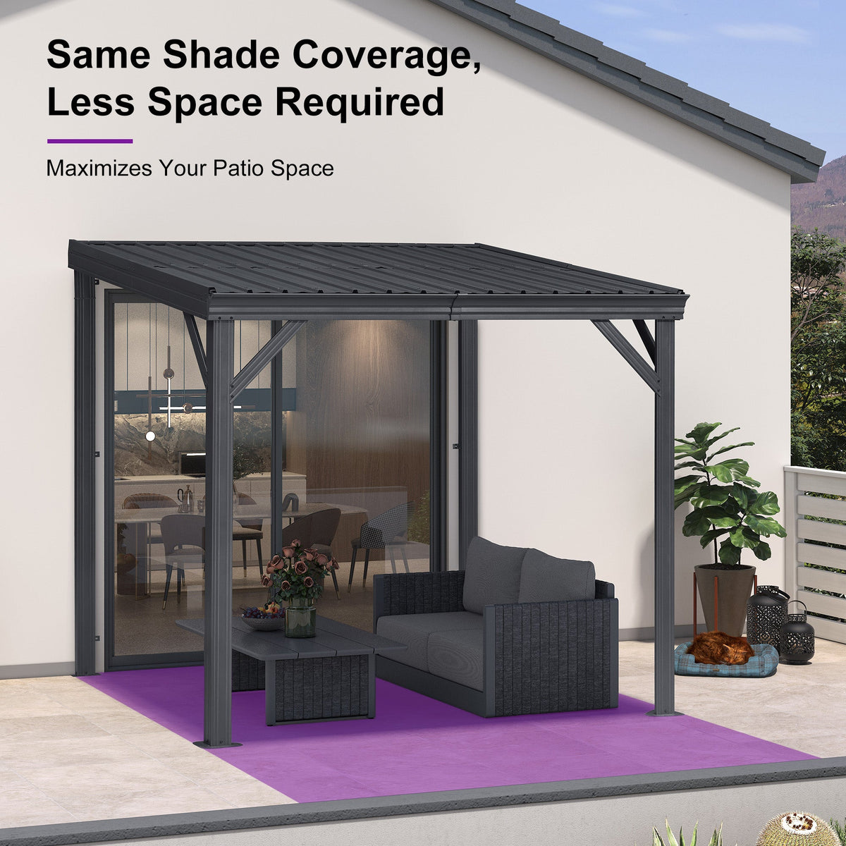 PURPLE LEAF Lean to Gazebo Metal Roof Patio Cover Built-in Drain Slots Wall Mounted Gazebo with Lights-clear for Outdoor Extension
