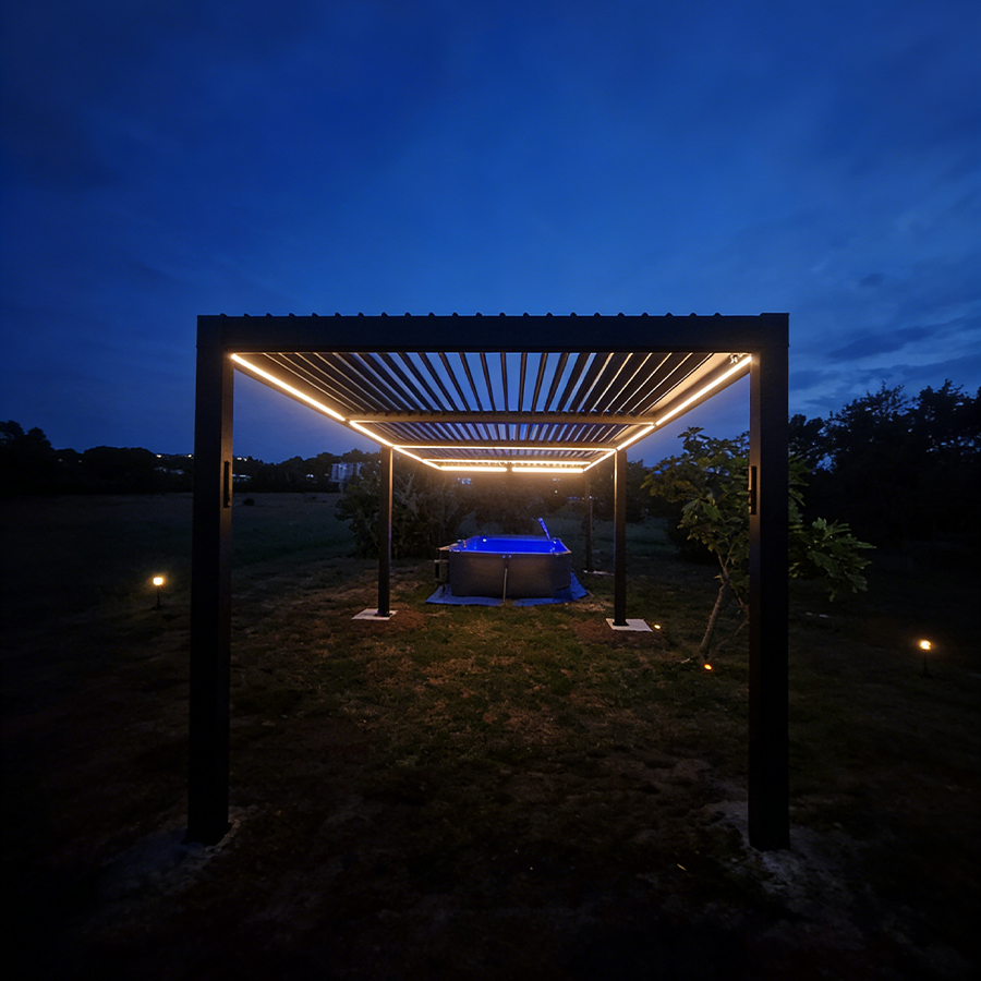PURPLE LEAF Caesar Solar Louvered Pergola with LED Strip Lights and Control Panel Aluminum Outdoor Pergola with Adjustable Roof for Patio Deck Garden Yard Gray