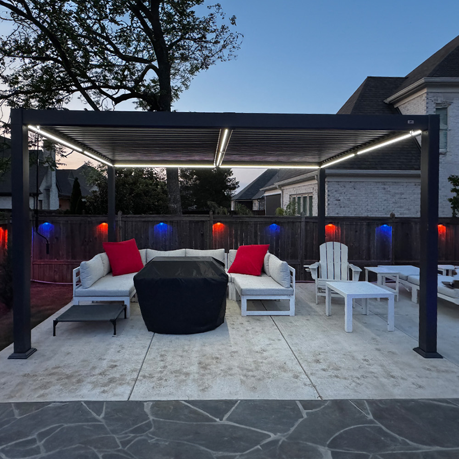 PURPLE LEAF Caesar Solar Louvered Pergola with LED Strip Lights and Control Panel Aluminum Outdoor Pergola with Adjustable Roof for Patio Deck Garden Yard Gray