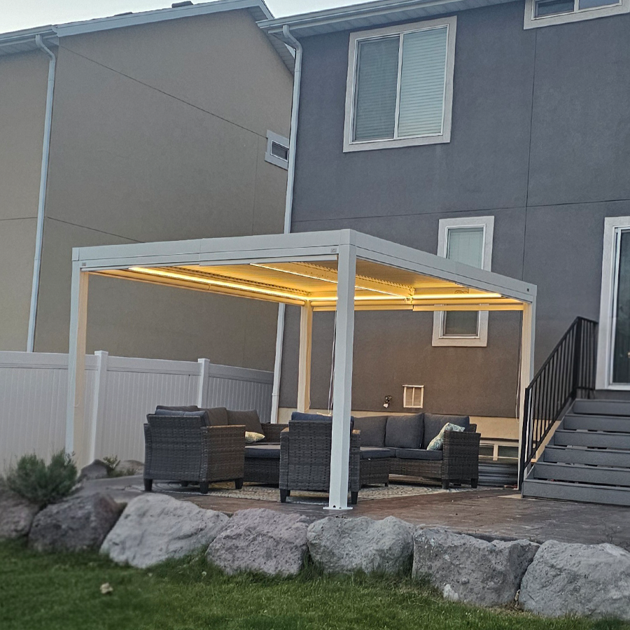 PURPLE LEAF Athena Louvered Pergola White Outdoor Aluminum Pergola with Strip Lights Adjustable Gazebo for Patio Deck Garden