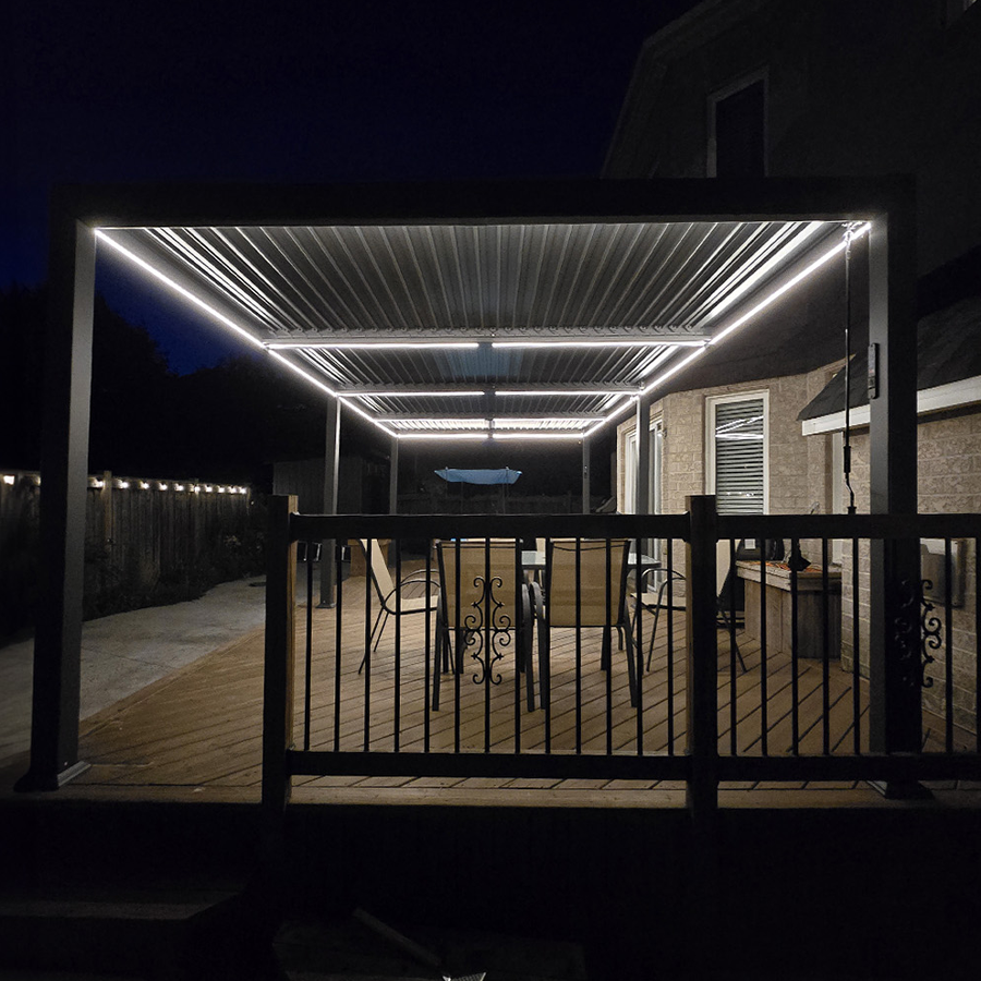 PURPLE LEAF Caesar Solar Louvered Pergola with LED Strip Lights and Control Panel Aluminum Outdoor Pergola with Adjustable Roof for Patio Deck Garden Yard Gray