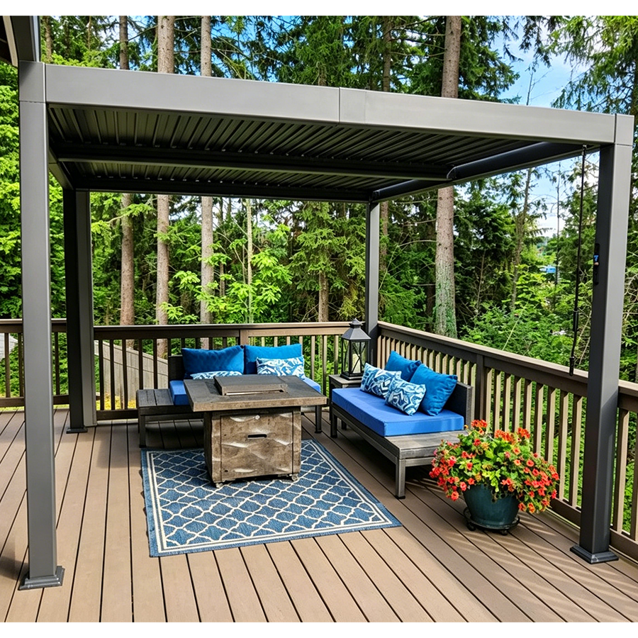 PURPLE LEAF Caesar Solar Louvered Pergola with LED Strip Lights and Control Panel Aluminum Outdoor Pergola with Adjustable Roof for Patio Deck Garden Yard Gray