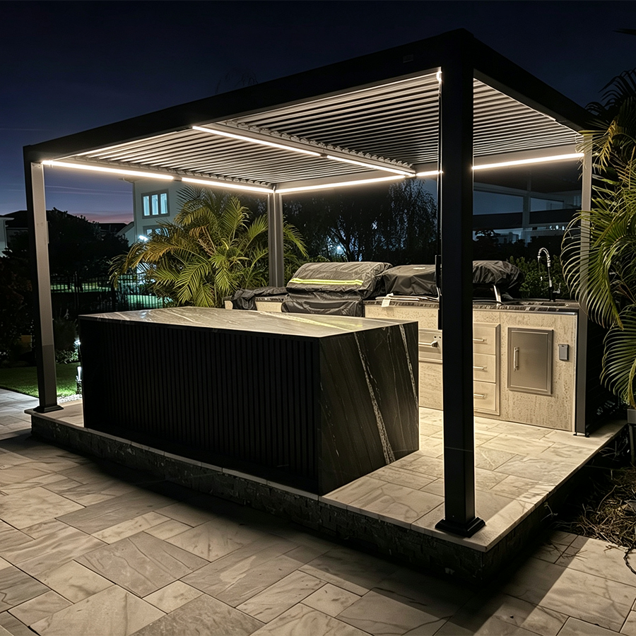 PURPLE LEAF Caesar Solar Louvered Pergola with LED Strip Lights and Control Panel Aluminum Outdoor Pergola with Adjustable Roof for Patio Deck Garden Yard Gray