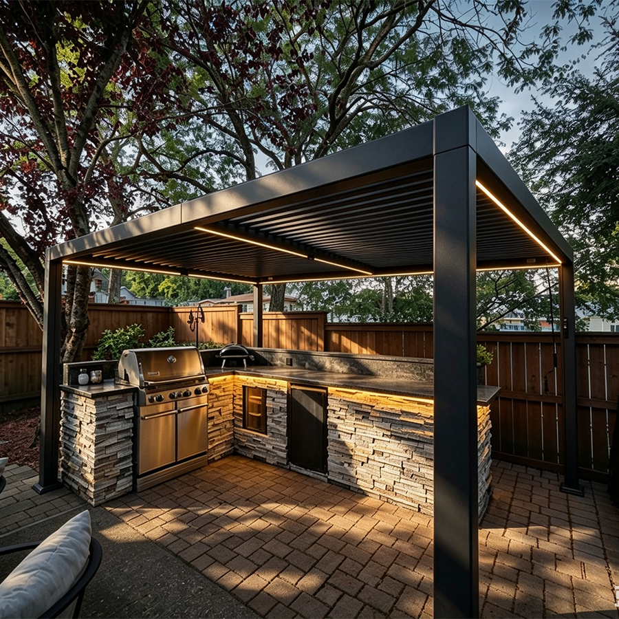 PURPLE LEAF Caesar Solar Louvered Pergola with LED Strip Lights and Control Panel Aluminum Outdoor Pergola with Adjustable Roof for Patio Deck Garden Yard Gray