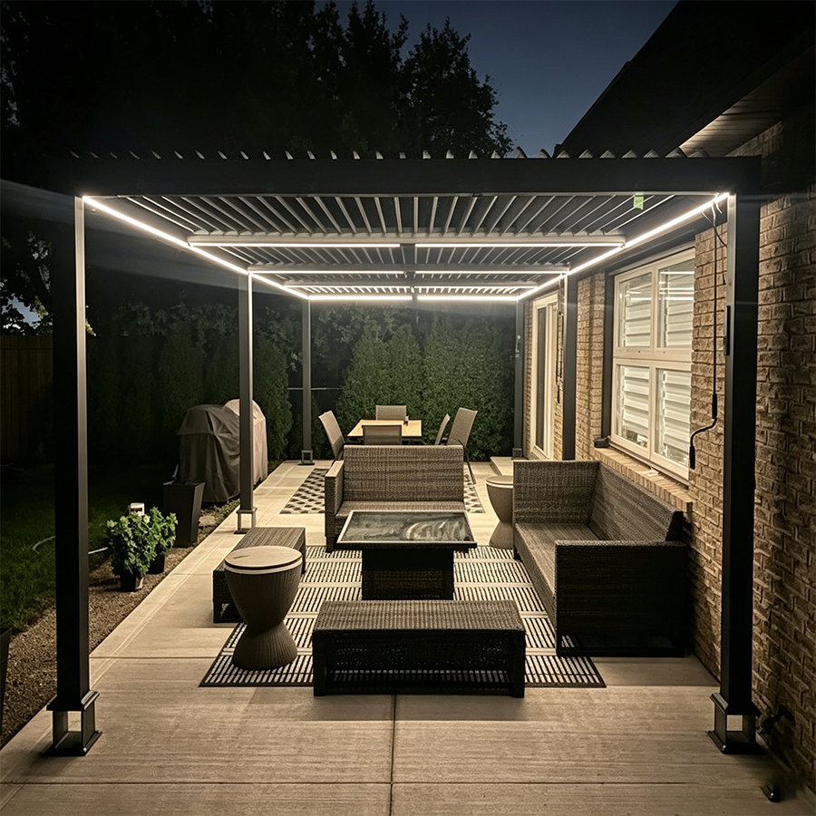 PURPLE LEAF Caesar Solar Louvered Pergola with LED Strip Lights and Control Panel Aluminum Outdoor Pergola with Adjustable Roof for Patio Deck Garden Yard Gray
