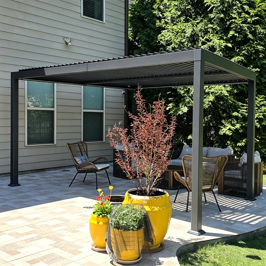 PURPLE LEAF Caesar Solar Louvered Pergola with LED Strip Lights and Control Panel Aluminum Outdoor Pergola with Adjustable Roof for Patio Deck Garden Yard Gray