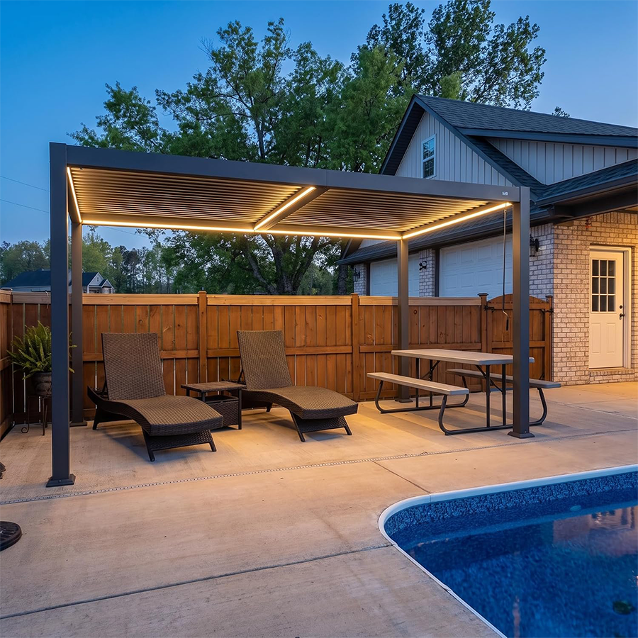 PURPLE LEAF Caesar Solar Louvered Pergola with LED Strip Lights and Control Panel Aluminum Outdoor Pergola with Adjustable Roof for Patio Deck Garden Yard Gray