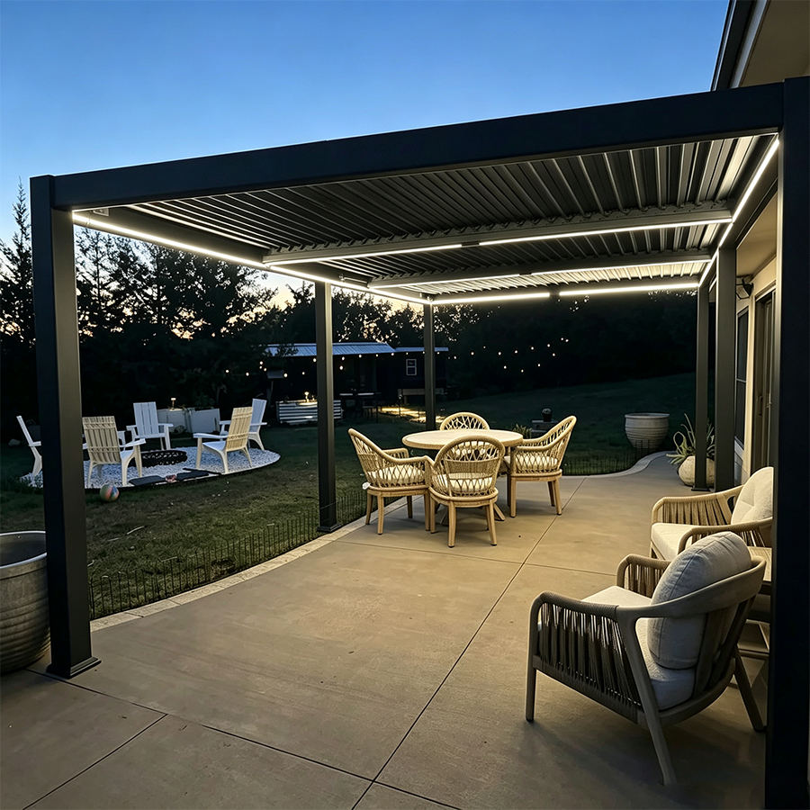 PURPLE LEAF Caesar Solar Louvered Pergola with LED Strip Lights and Control Panel Aluminum Outdoor Pergola with Adjustable Roof for Patio Deck Garden Yard Gray
