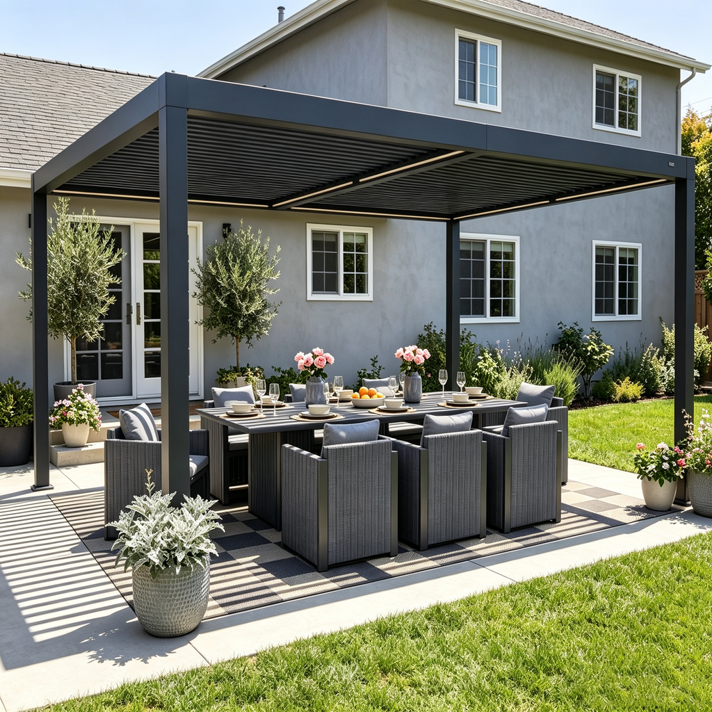 PURPLE LEAF Caesar Solar Louvered Pergola with LED Strip Lights and Control Panel Aluminum Outdoor Pergola with Adjustable Roof for Patio Deck Garden Yard Gray