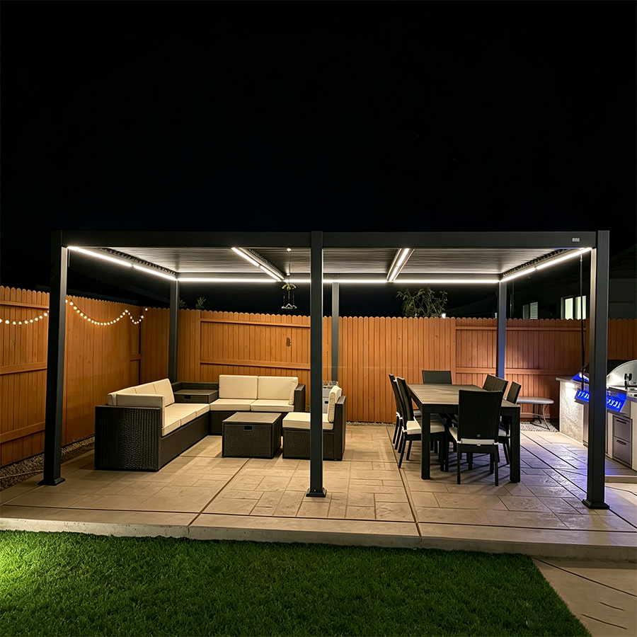 PURPLE LEAF Caesar Solar Louvered Pergola with LED Strip Lights and Control Panel Aluminum Outdoor Pergola with Adjustable Roof for Patio Deck Garden Yard Gray