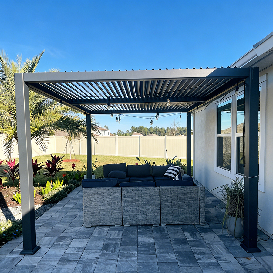 PURPLE LEAF Caesar Louvered Pergola with Milky String Lights Patio Aluminum Pergola with Independent Adjustable Rainproof Roof Hardtop Pergola for Outdoor Deck Garden Yard