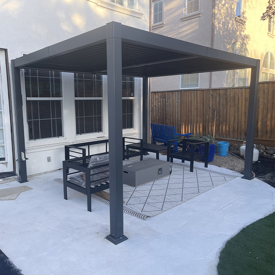 PURPLE LEAF Caesar Solar Louvered Pergola with LED Strip Lights and Control Panel Aluminum Outdoor Pergola with Adjustable Roof for Patio Deck Garden Yard Gray