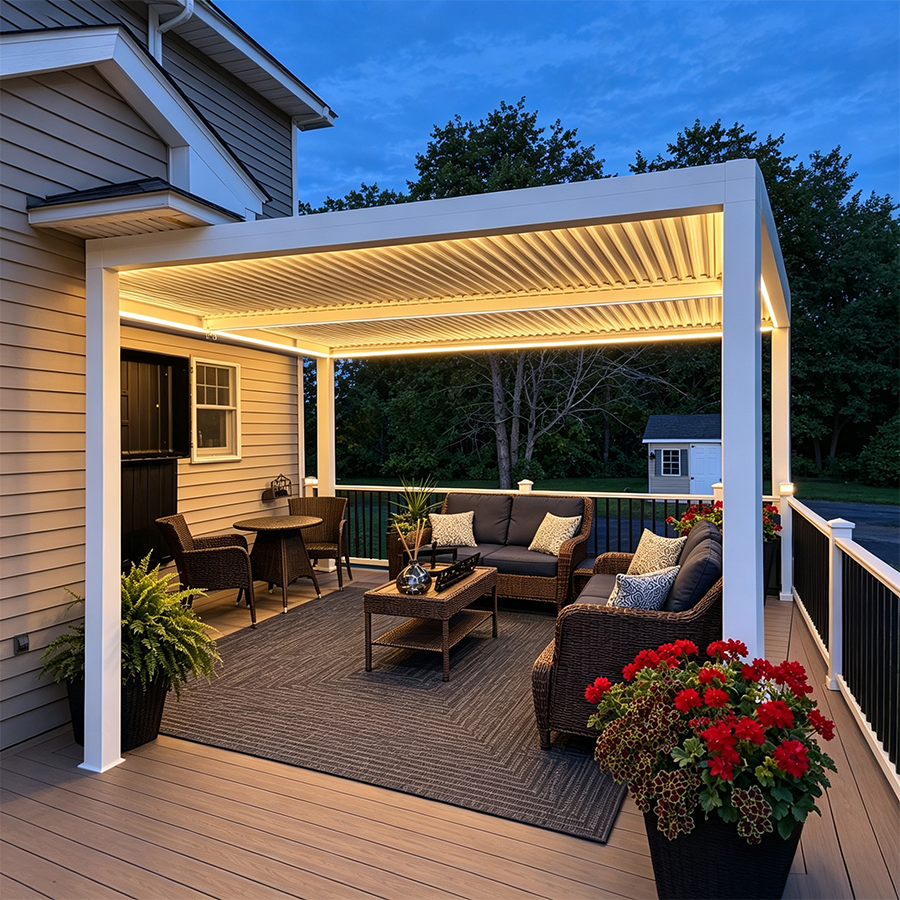 PURPLE LEAF Athena Louvered Pergola White Outdoor Aluminum Pergola with Strip Lights Adjustable Gazebo for Patio Deck Garden