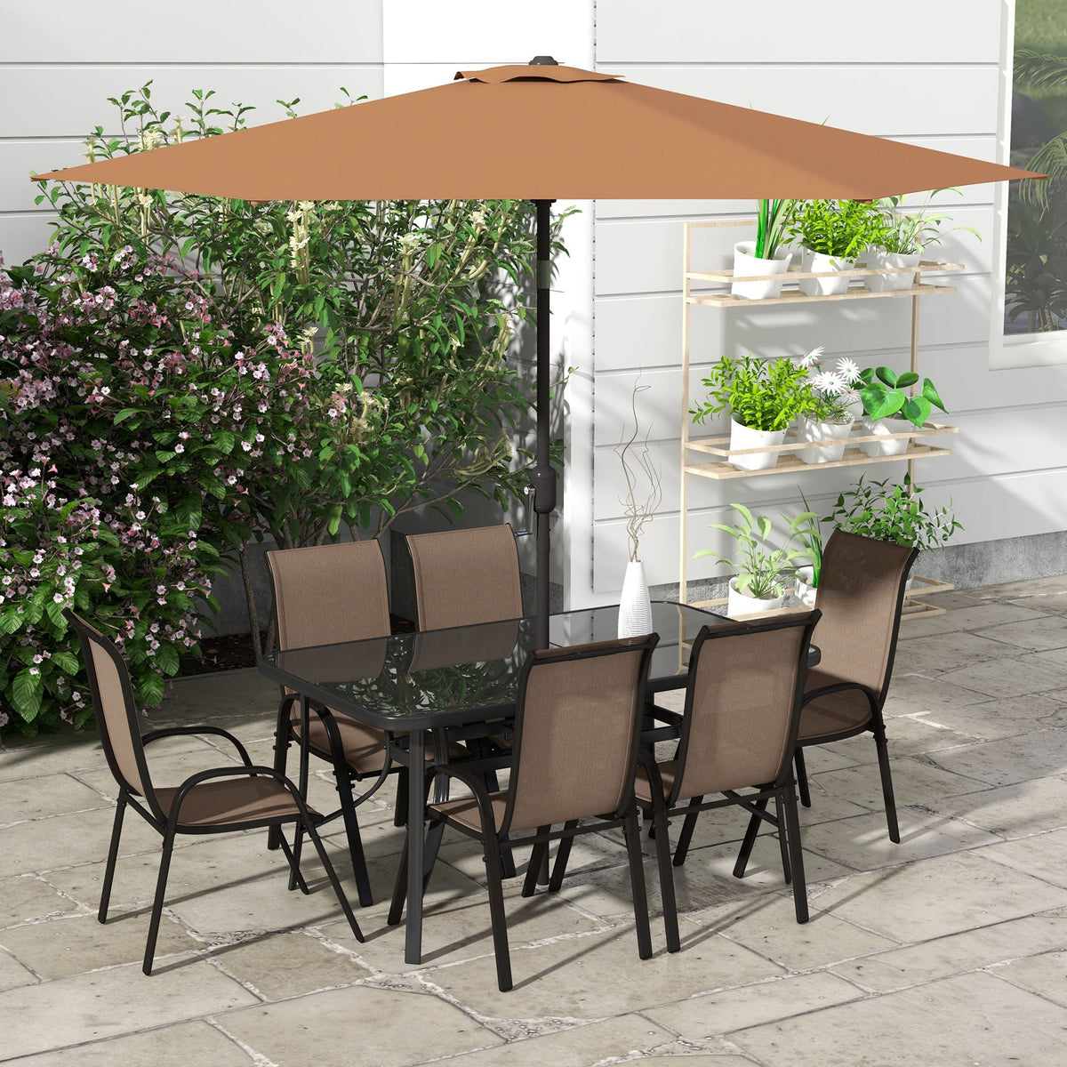 8-Piece Patio Dining Set with 9 Ft Table Umbrella, Mixed Brown