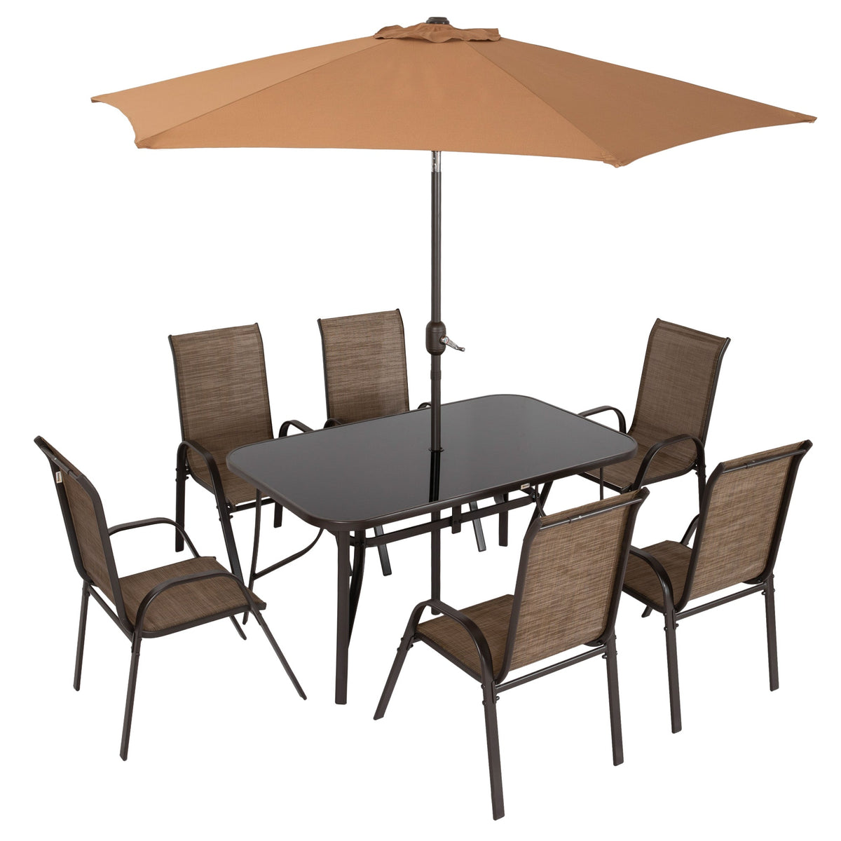 8-Piece Patio Dining Set with 9 Ft Table Umbrella, Mixed Brown