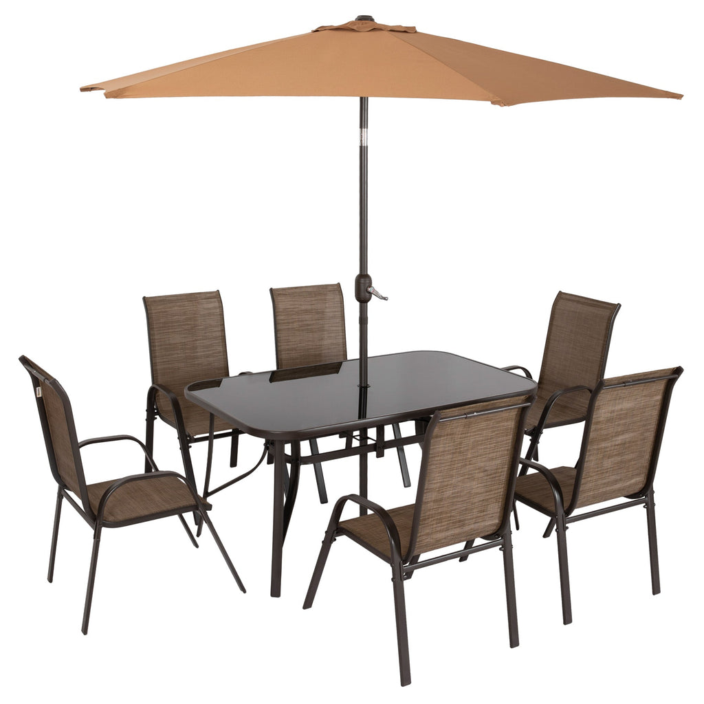 8-Piece Patio Dining Set with 9 Ft Table Umbrella, Mixed Brown