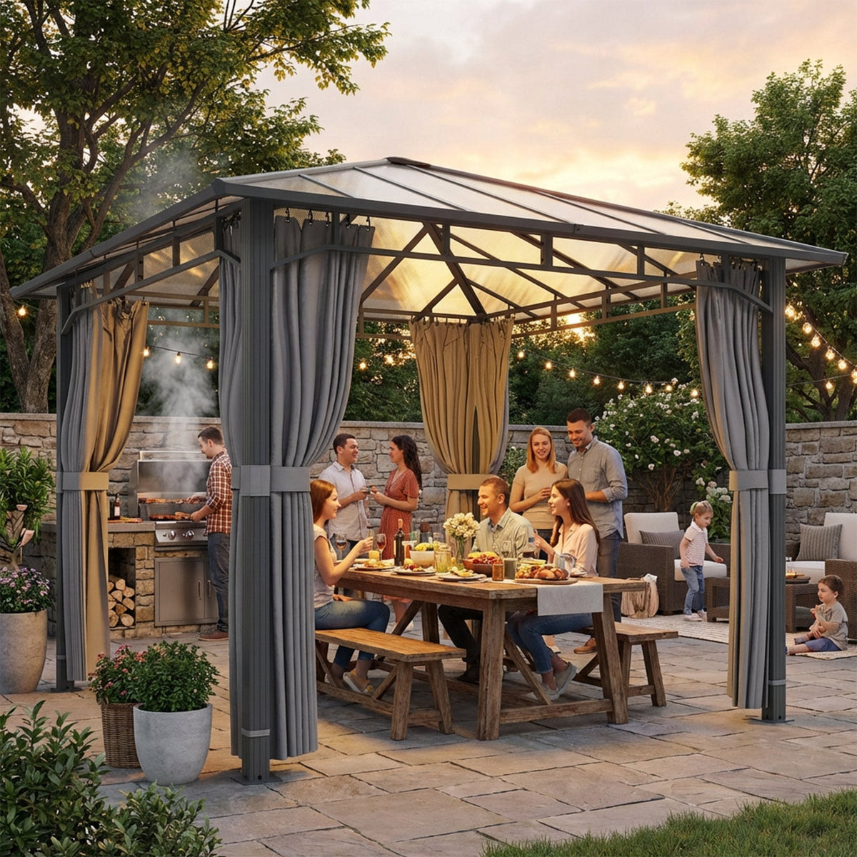 3 x 3 m Hardtop Gazebo with Polycarbonate Roof and Curtains, Tan
