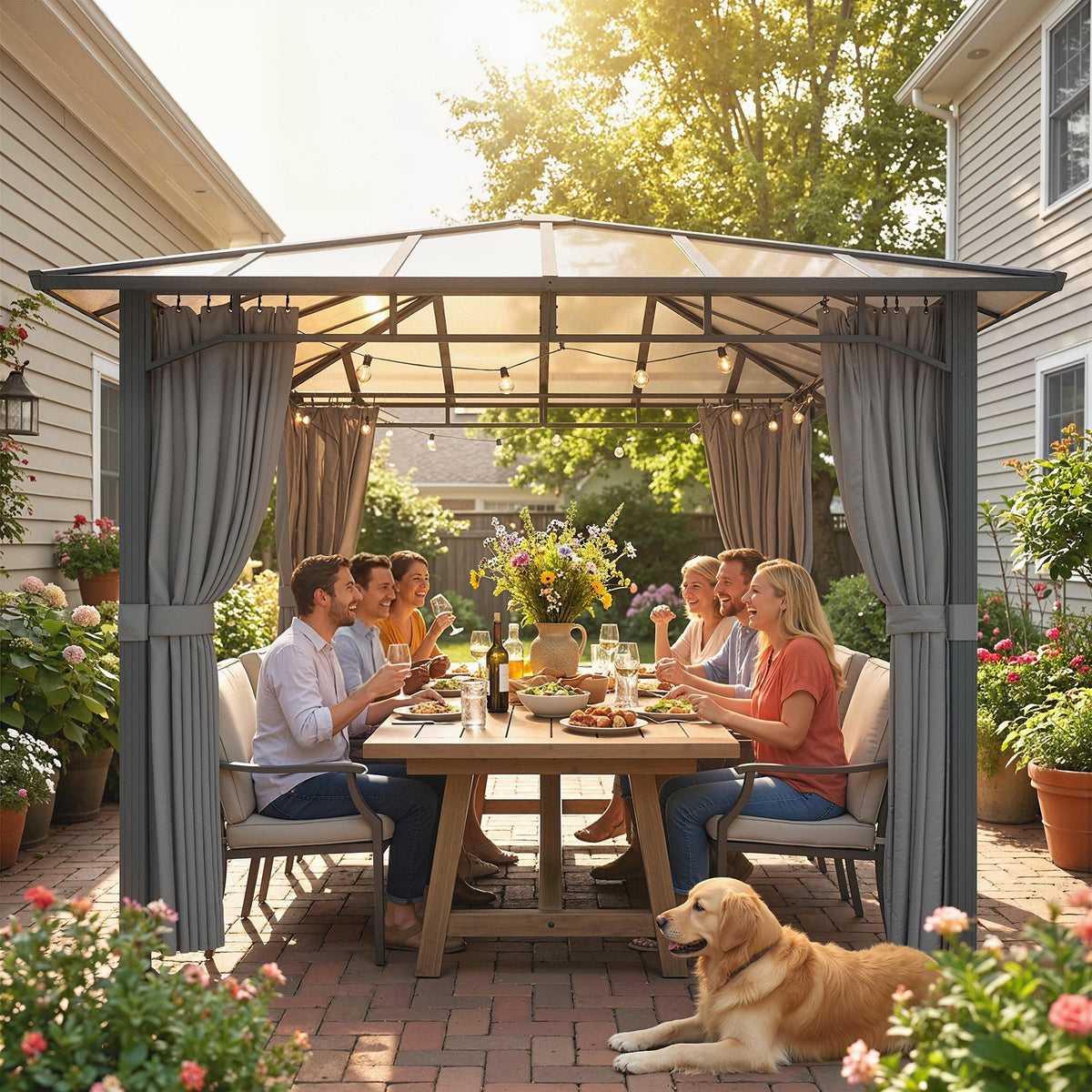 3 x 3 m Hardtop Gazebo with Polycarbonate Roof and Curtains, Tan