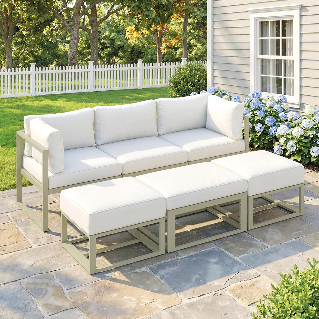 6 Piece Garden Daybed Set with Coffee Table and Footstool, Cream White