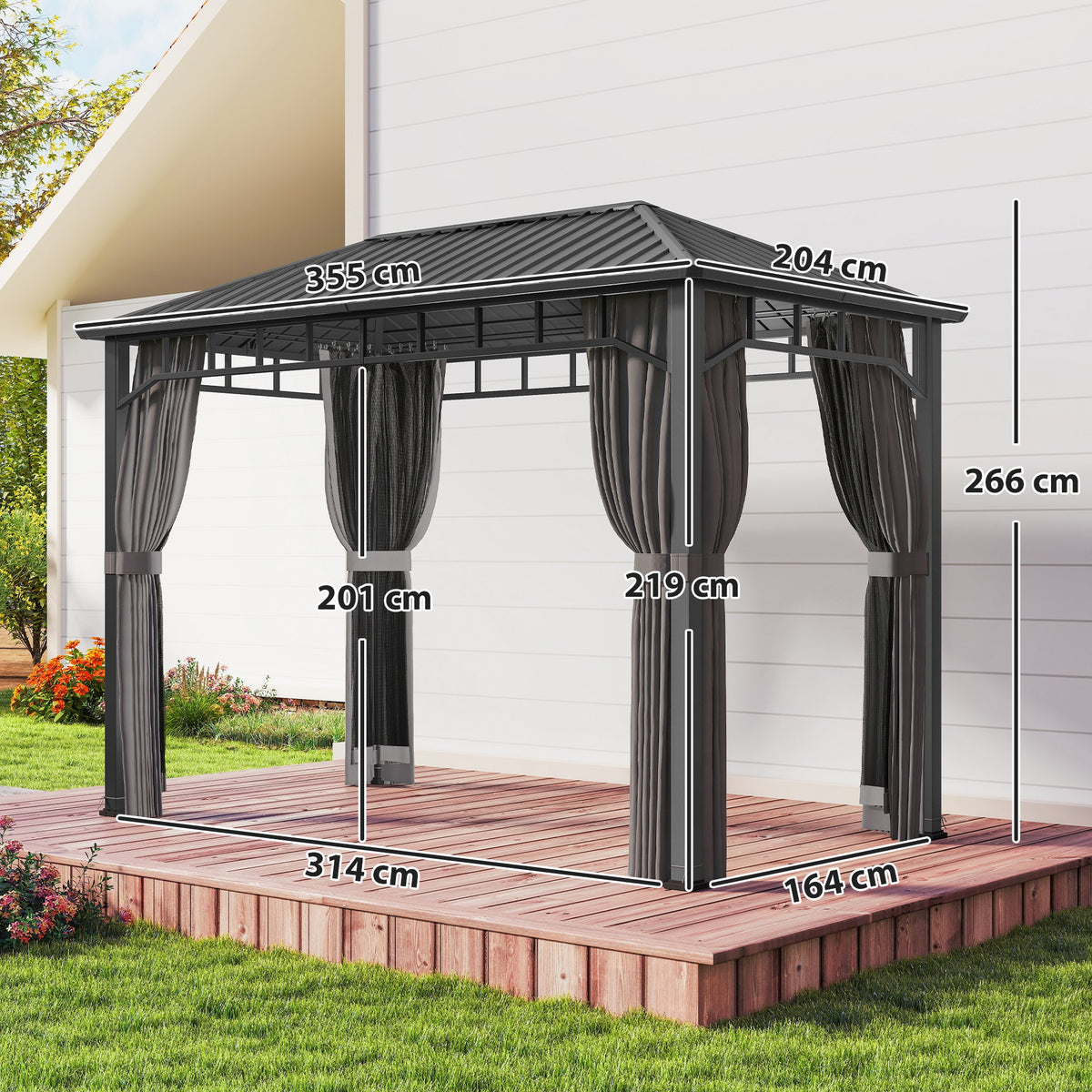 2 x 3.5 m Hardtop Gazebo with Galvanised Roof, Netting & Curtains, Dark Grey