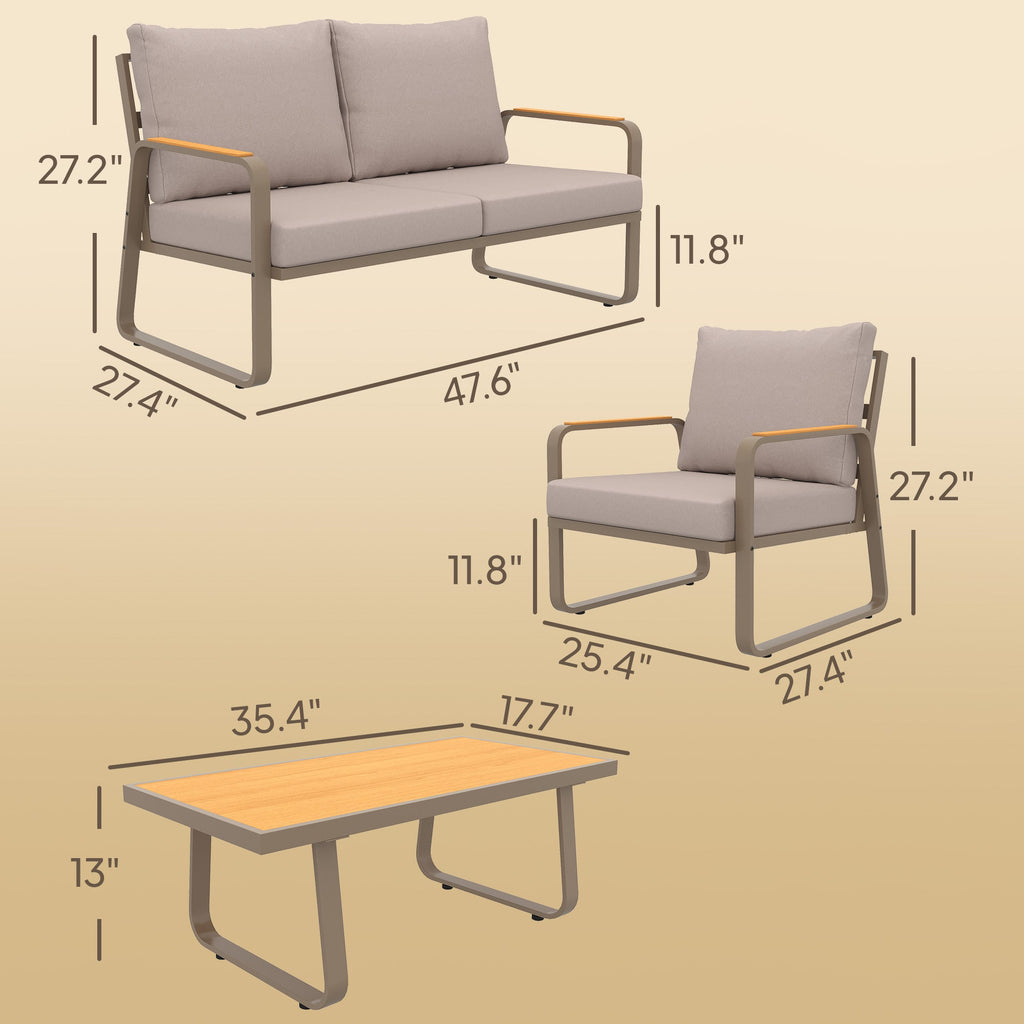 4-Piece Patio Set with Metal Frame and Cushions, Loveseat & 2 Chairs, Brown