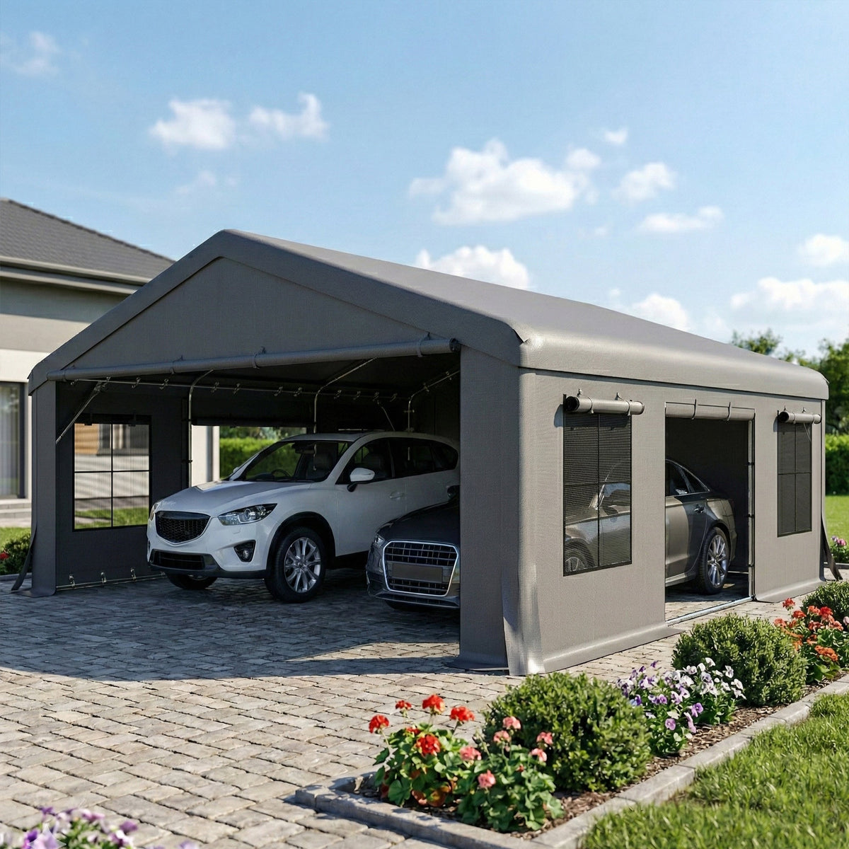 20' x 20' Heavy Duty Carport with 3 Roll-Up Doors, Dark Gray