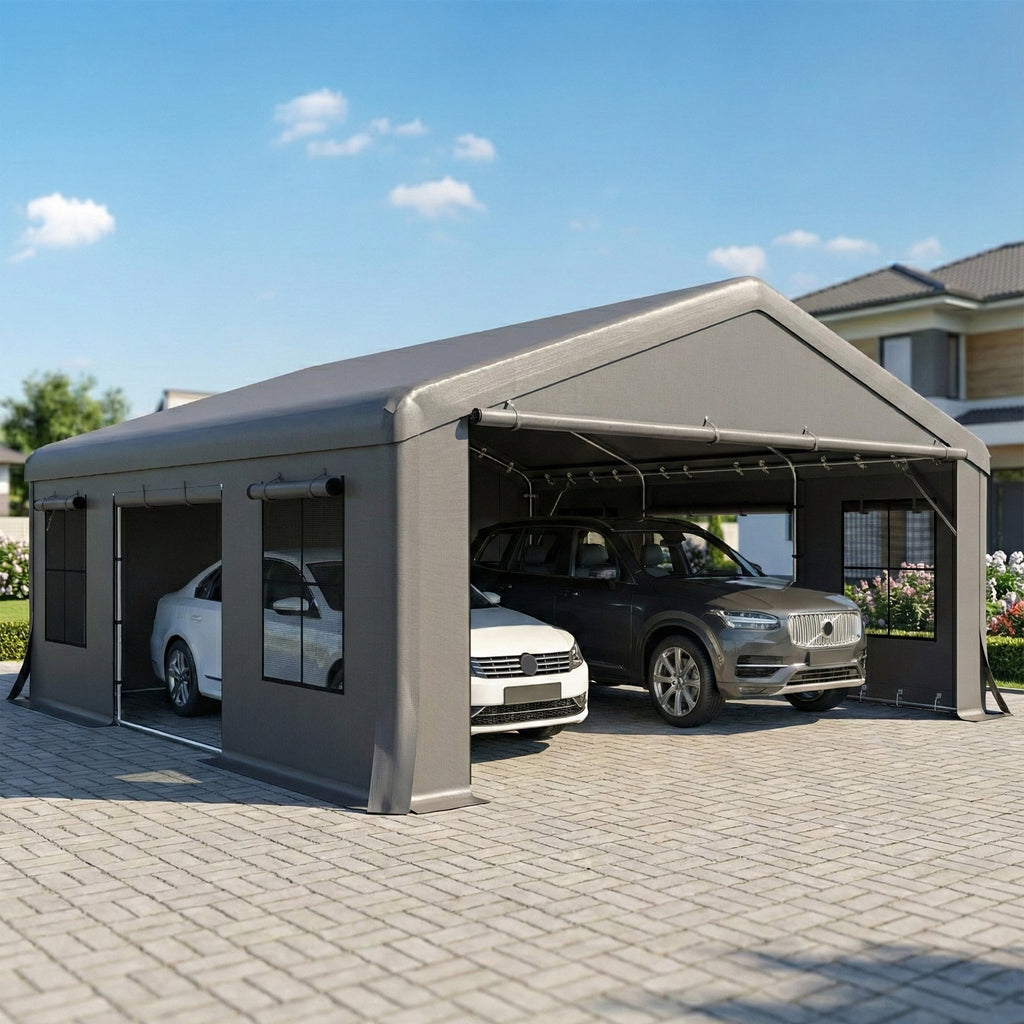 20' x 20' Heavy Duty Carport with 3 Roll-Up Doors, Dark Gray