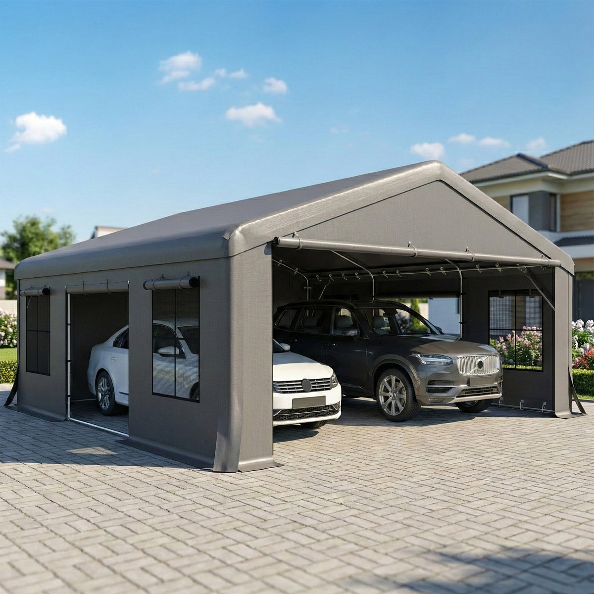 20' x 20' Heavy Duty Carport with 3 Roll-Up Doors, Dark Gray