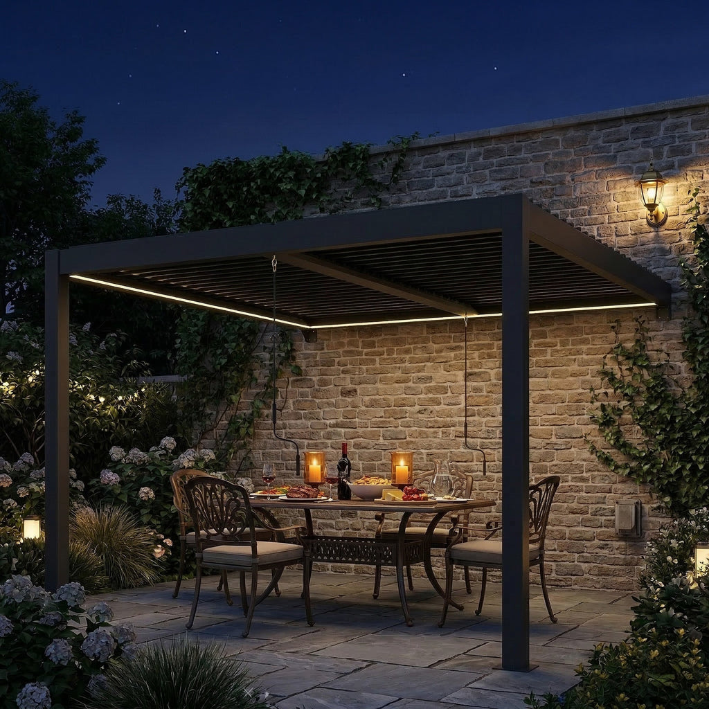 3 x 3 m Dark Grey Louvered Pergola with Adjustable Metal Roof, LED Lights