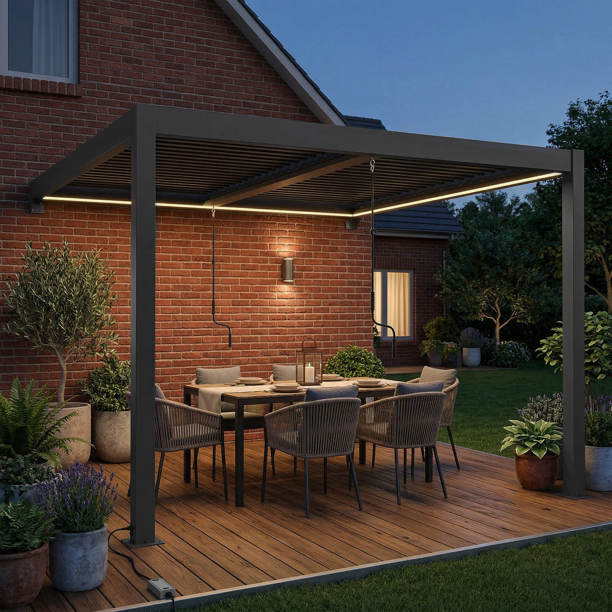 3 x 3 m Dark Grey Louvered Pergola with Adjustable Metal Roof, LED Lights