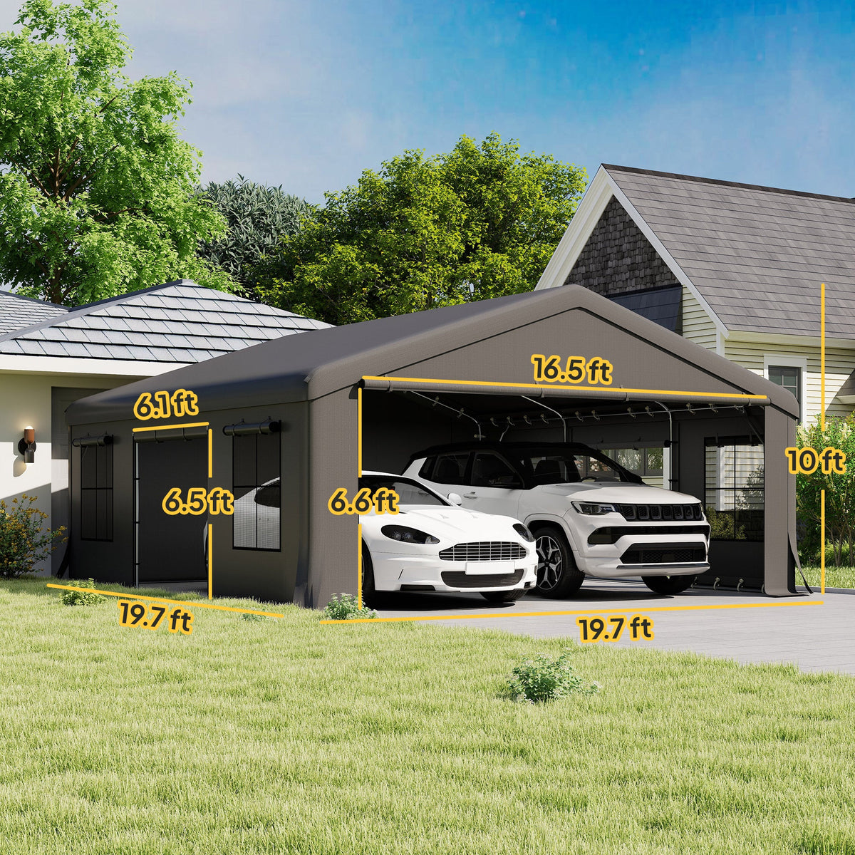 20' x 20' Heavy Duty Carport with 3 Roll-Up Doors, Dark Gray