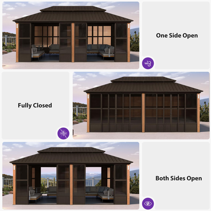 PURPLE LEAF Bronze Frame Sunroom Hardtop Gazebo Solarium Wood Grain Columns Galvanized Steel Double Roof All-Weather Screen House