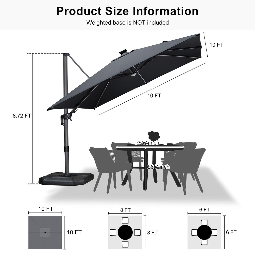 PURPLE LEAF – Parasol de terrasse déporté 10ft avec éclairage LED, rotation 360° et inclinaison