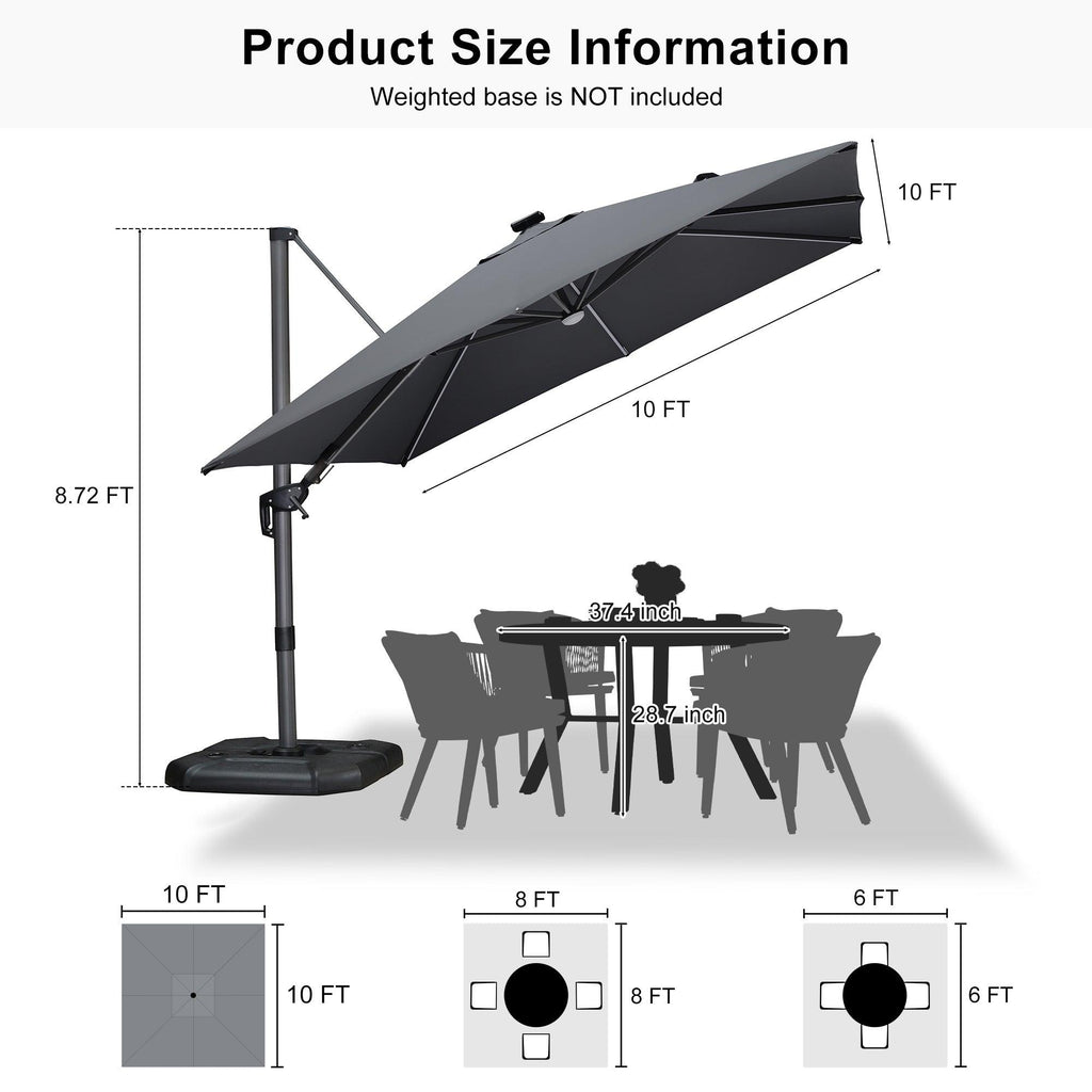 PURPLE LEAF – Parasol de terrasse déporté 10ft avec éclairage LED, rotation 360° et inclinaison