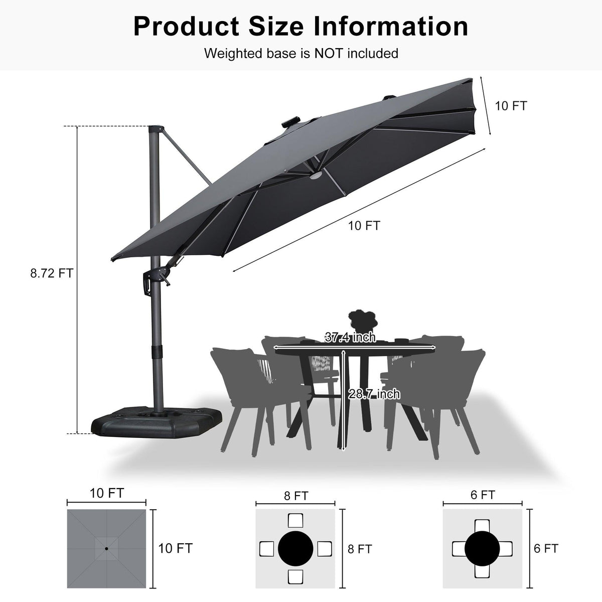 PURPLE LEAF – Parasol de terrasse déporté 10ft avec éclairage LED, rotation 360° et inclinaison