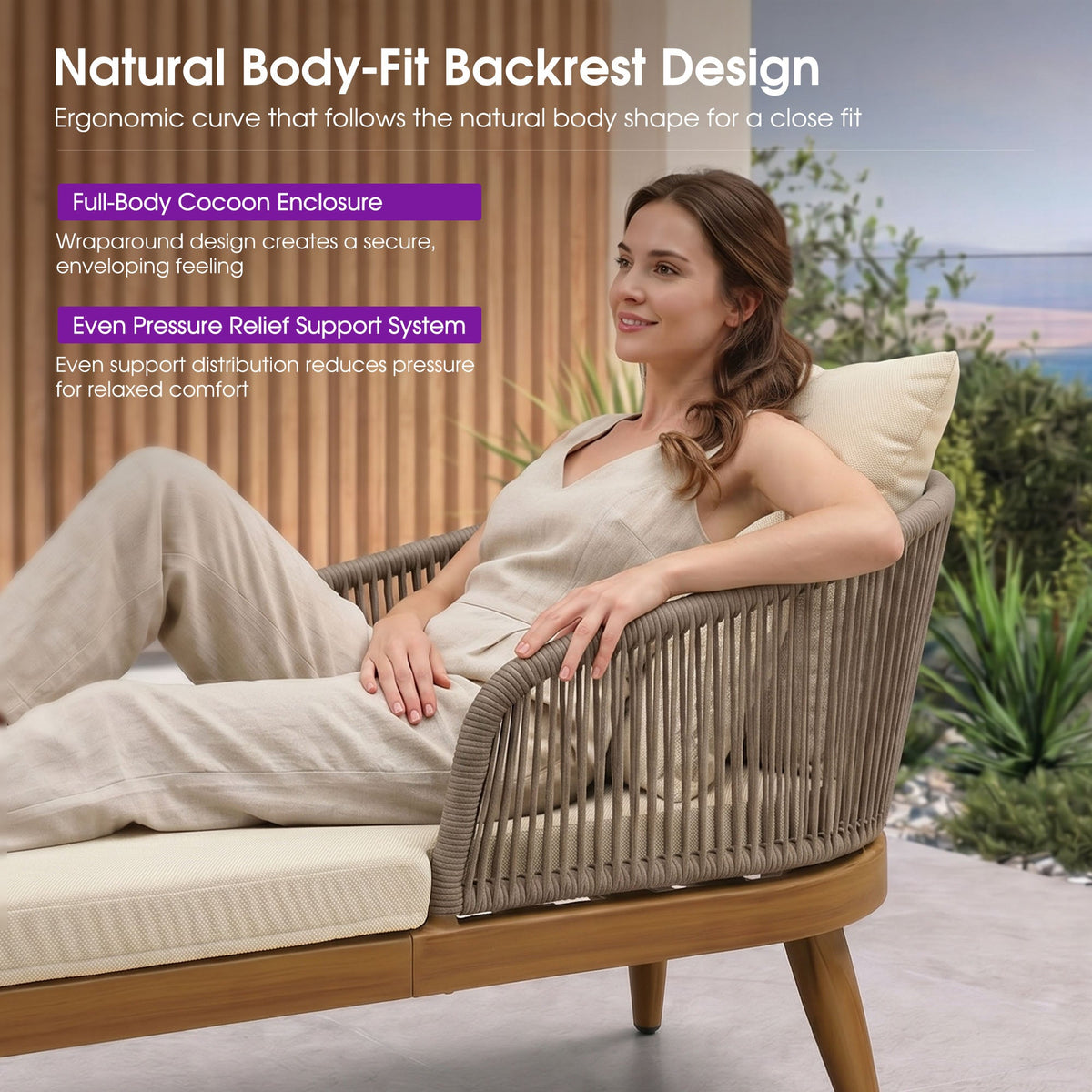 PURPLE LEAF Outdoor Chaise Lounge Thick Cushion, Aluminum Frame Patio Lounge Chair with Pillow & Lumbar Support, Wicker Armrests Sun Lounger for Poolside, Backyard, All-Weather Use