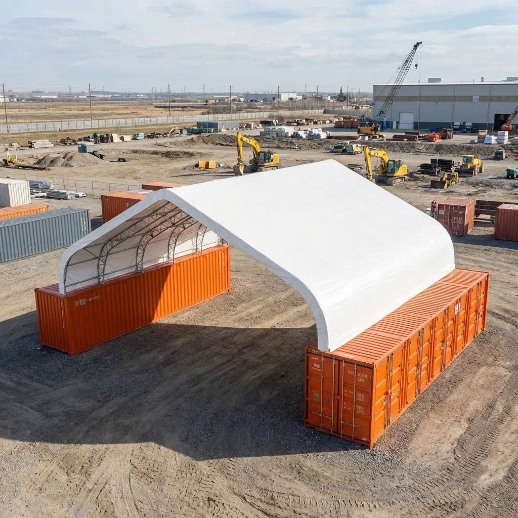Heavy Series™ 50' x 40' Dual Truss Container Shelter with Heavy Duty 32 oz PVC Cover, 17' Height with Peak Roof, TMG-DT5040C