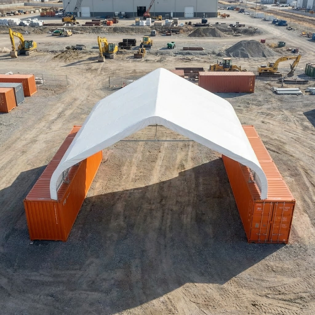 Heavy Series™ 50' x 40' Dual Truss Container Shelter with Heavy Duty 32 oz PVC Cover, 17' Height with Peak Roof, TMG-DT5040C